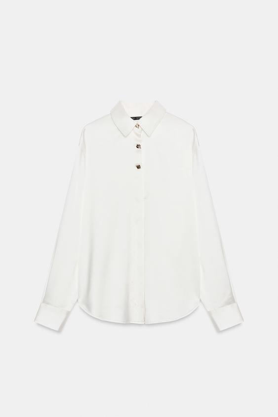CAMISA SATINADA BOTONES DORADOS - Blanco roto de Zara - Imagen 0