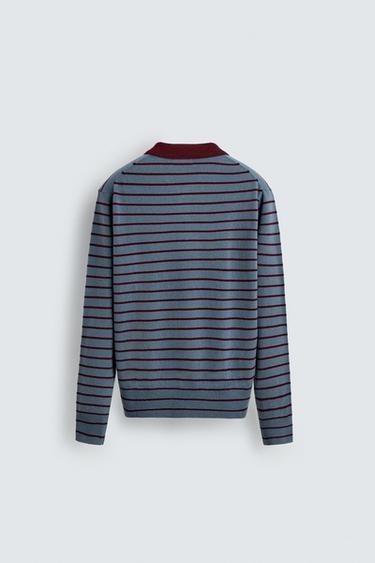 POLO EN MAILLE MÉLANGE DE LAINE À RAYURES - Bleu délavé de Zara - Image 6