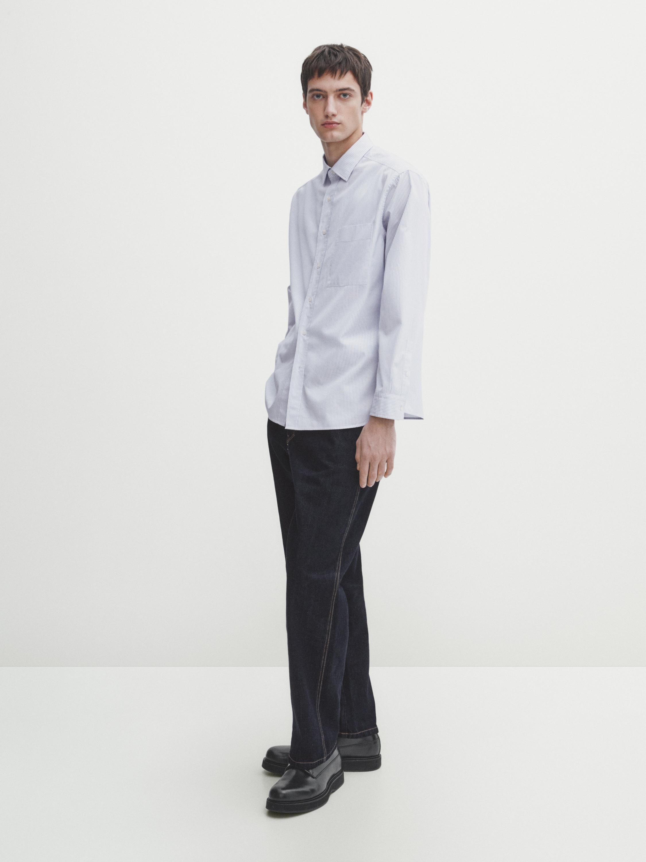 Relaxed fit striped poplin cotton shirt - Sky blue | ZARA United 