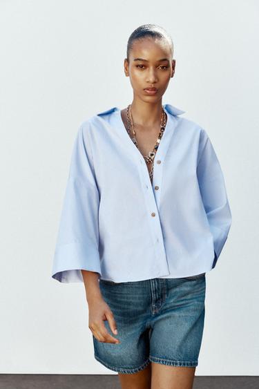 WIDE-SLEEVED POPLIN SHIRT - Light sky blue by Zara