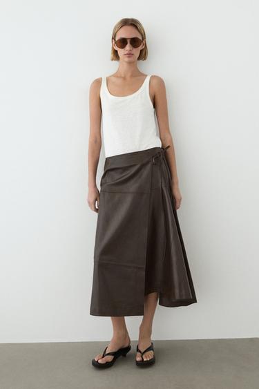 Zara Nappa leather midi skirt with tie detail - Brown