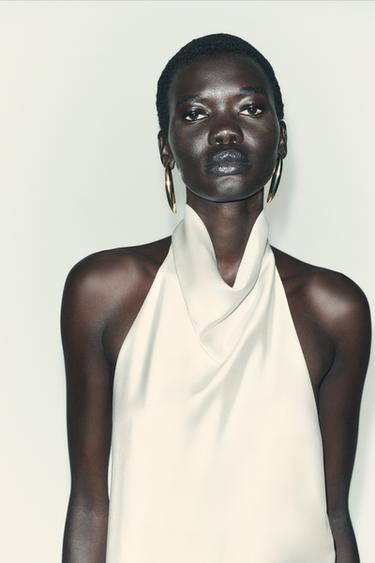 Zara SATIN EFFECT HALTER TOP - Ecru