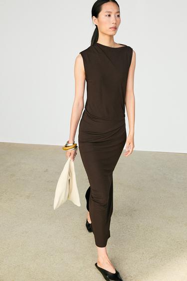 Zara Asymmetric ruched midi dress - Brown