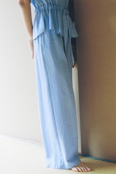 リネンワイドレッグパンツブルーZaraのリネンワイドレッグパンツ - ブルー 