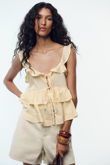 RUFFLED LACE LINEN BLEND TOP - Light yellow by Zara - Image 1