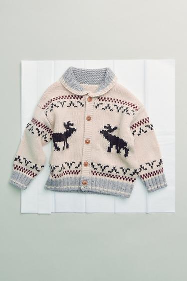 Zara REINDEER KNIT CARDIGAN WITH WOOL - Beige