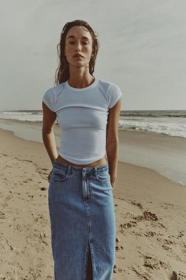 تيشرت RIB بأكمام قصيرة - أبيض by Zara