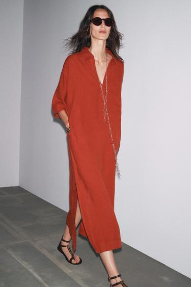 Zara ZW COLLECTION 100% LINEN TUNIC DRESS - Brick