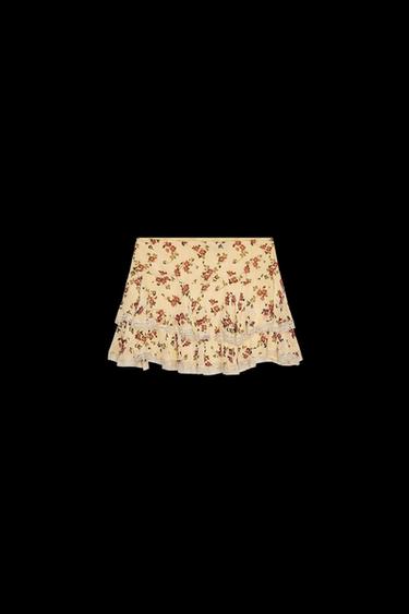 Zara FLORAL RUFFLE MINI SKIRT - Beige / Taupe brown