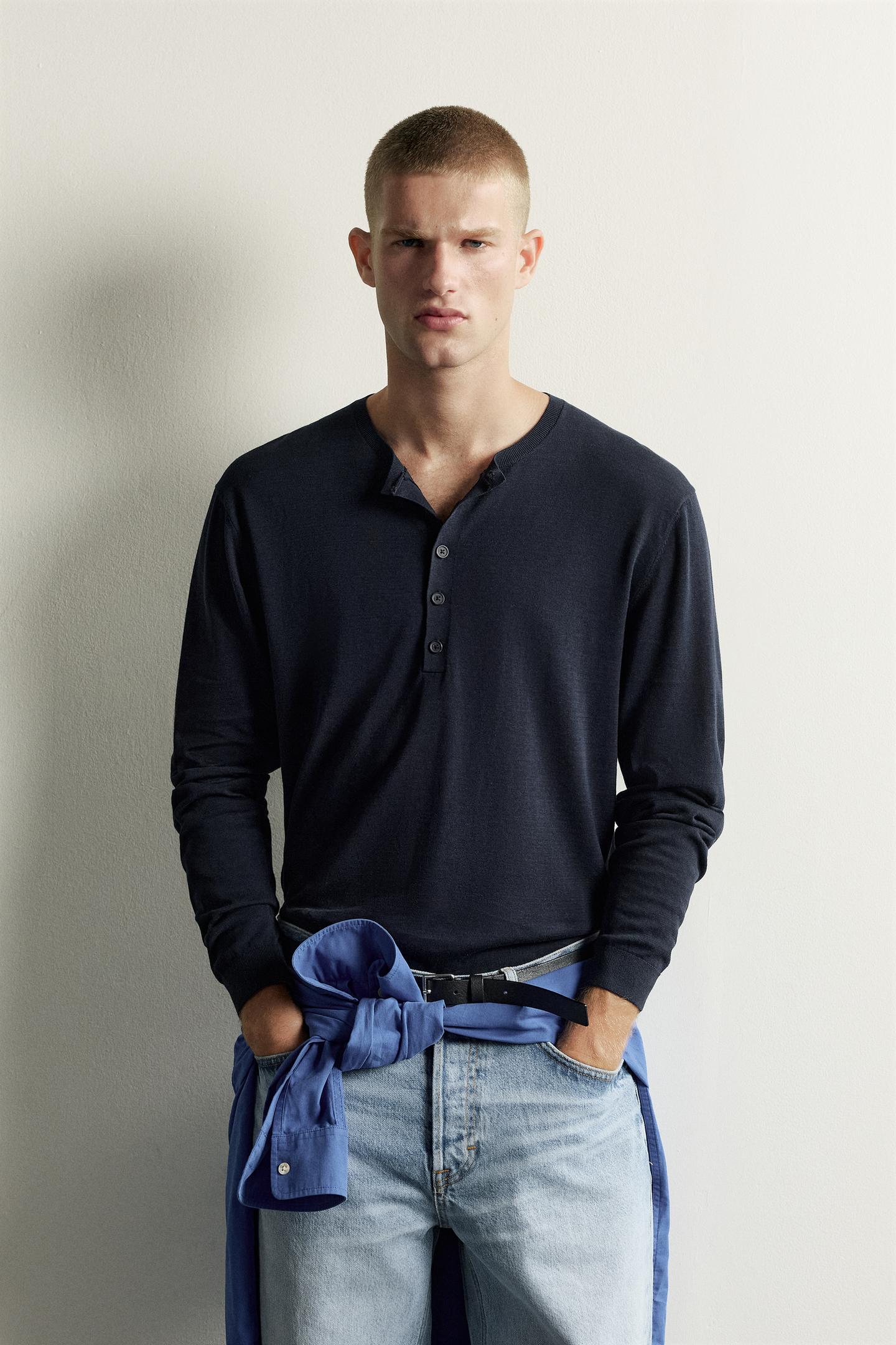 Мужская футболка Zara Knit Henley, цвет: Тёмно-синий — фото 2