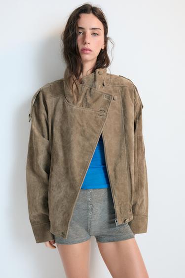 CAZADORA PIEL BIKER - Khaki claro de Zara