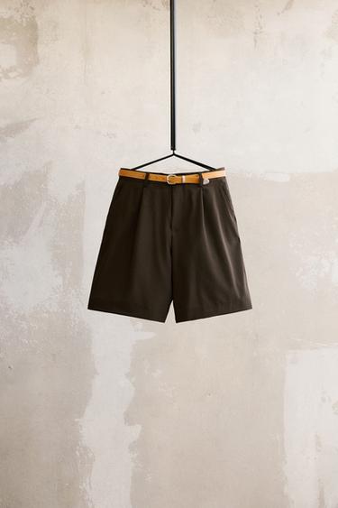 RELAXED FIT PLEATED BERMUDA SHORTS - Chocolate by Zara