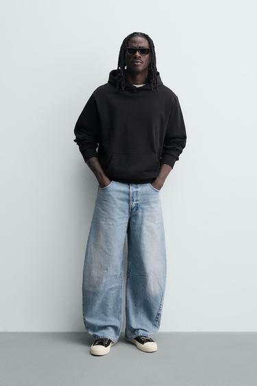 Zara 休閒版桶型褲褶飾牛仔褲 - 淡藍色