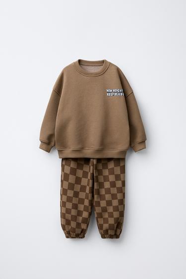 CHECKERBOARD SWEATSHIRT AND JOGGERS TRACKSUIT - Brown by Zara
