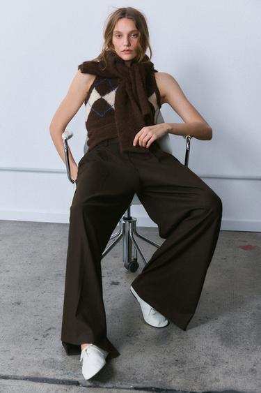PANTALÓN PINZAS WIDE LEG ZW COLLECTION - Marrón de Zara