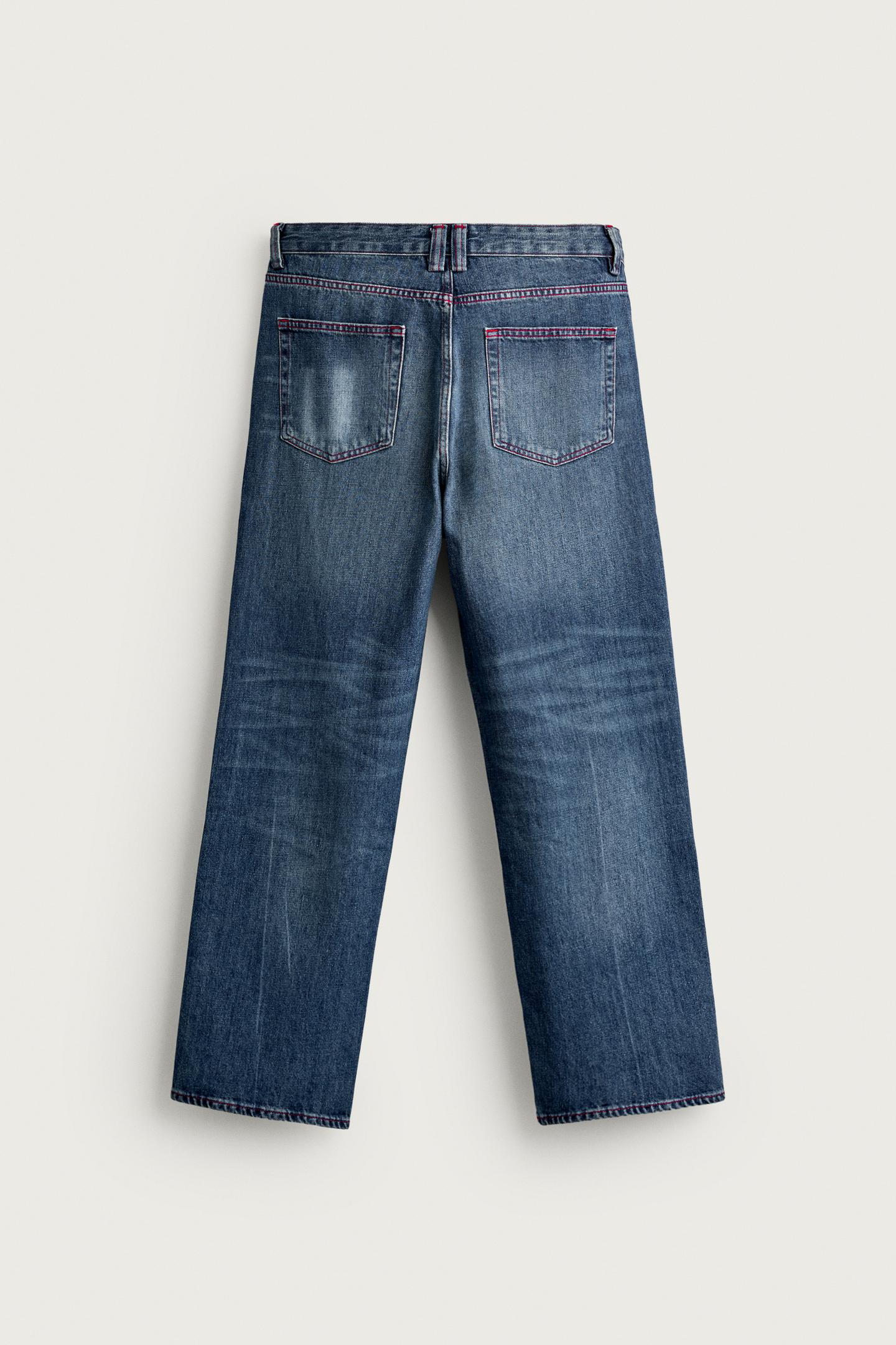 Мужские джинсы Zara Contrast-Stitch Straight-Fit, цвет: Синий — фото 8