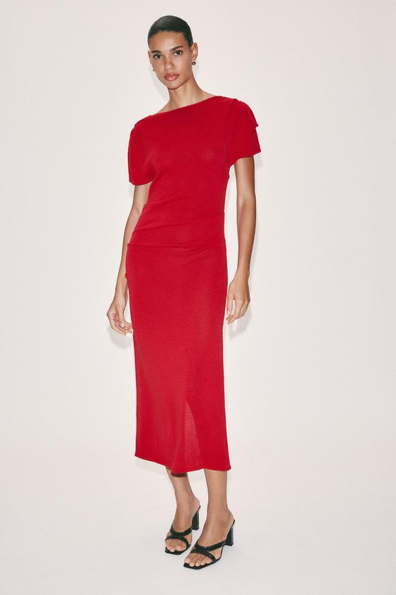 VESTIDO MIDI DRAPEADO PUNTO - Rojo de Zara - Imagen 0