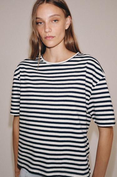 SHORT SLEEVE STRIPED T-SHIRT - Ecru / Navy by Zara - Image 0