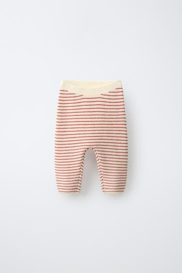 Zara STRIPED KNIT PANTS - Ecru / Red