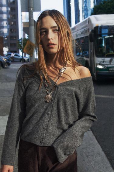 ÁO KHOÁC LEN VÀ CASHMERE CỔ CHỮ V - Màu xám từ Zara