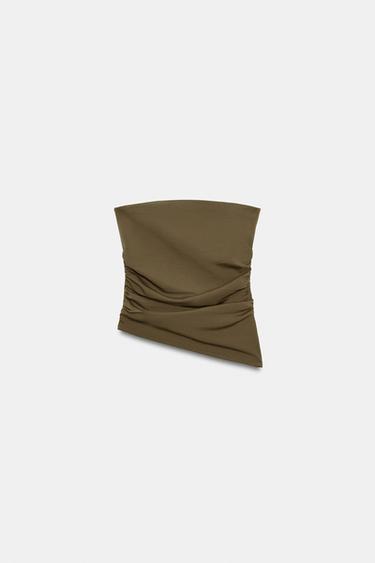 Zara TEXTURED DRAPED BANDEAU TOP - Khaki
