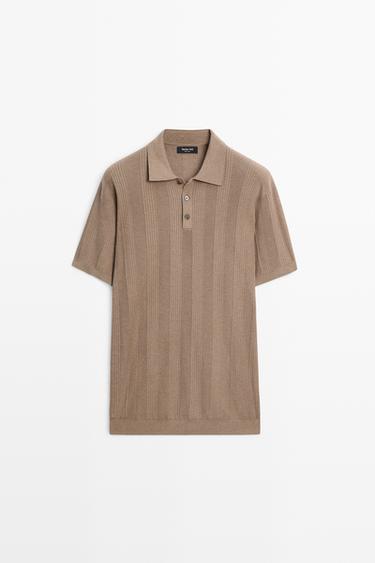 Polo rayé en maille texturée 100 % coton - Kaki clair de Zara