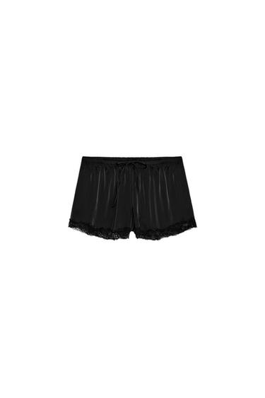 SATIN MINI SHORTS WITH LACE TRIM - Black by Zara