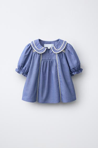 Zaras BLUS MED KONTRASTERANDE SPETS - Blå/marinblå