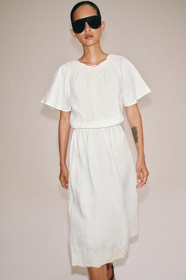 ZW COLLECTION 100% LINEN CROCHET DRESS - Light beige by Zara