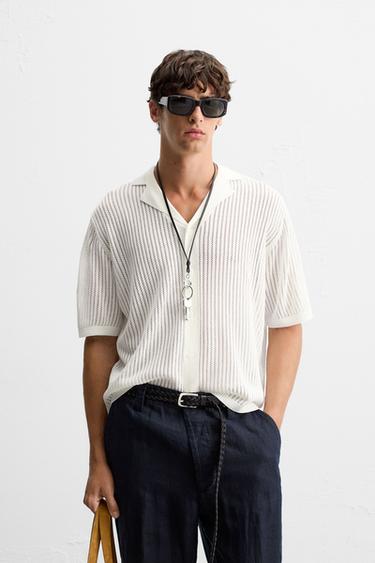 Zara LACE KNIT SHIRT - Ecru