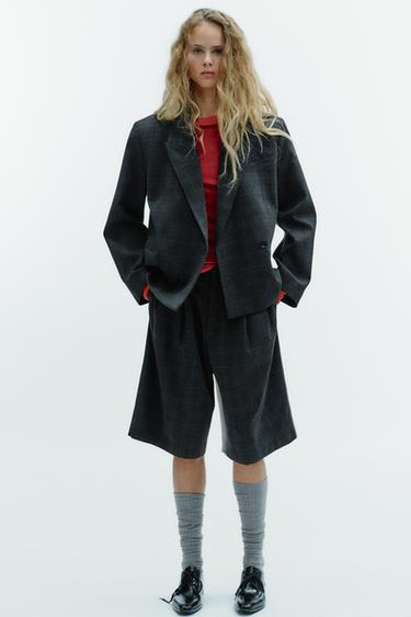 OVERSIZE CROPPED CHECK BLAZER - Grey marl by Zara