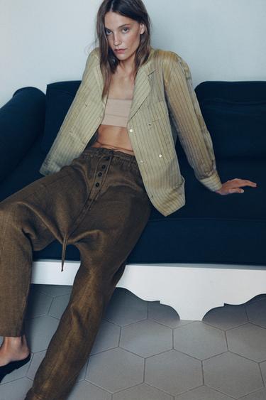 LINEN BLEND BAGGY TROUSERS - Brown by Zara