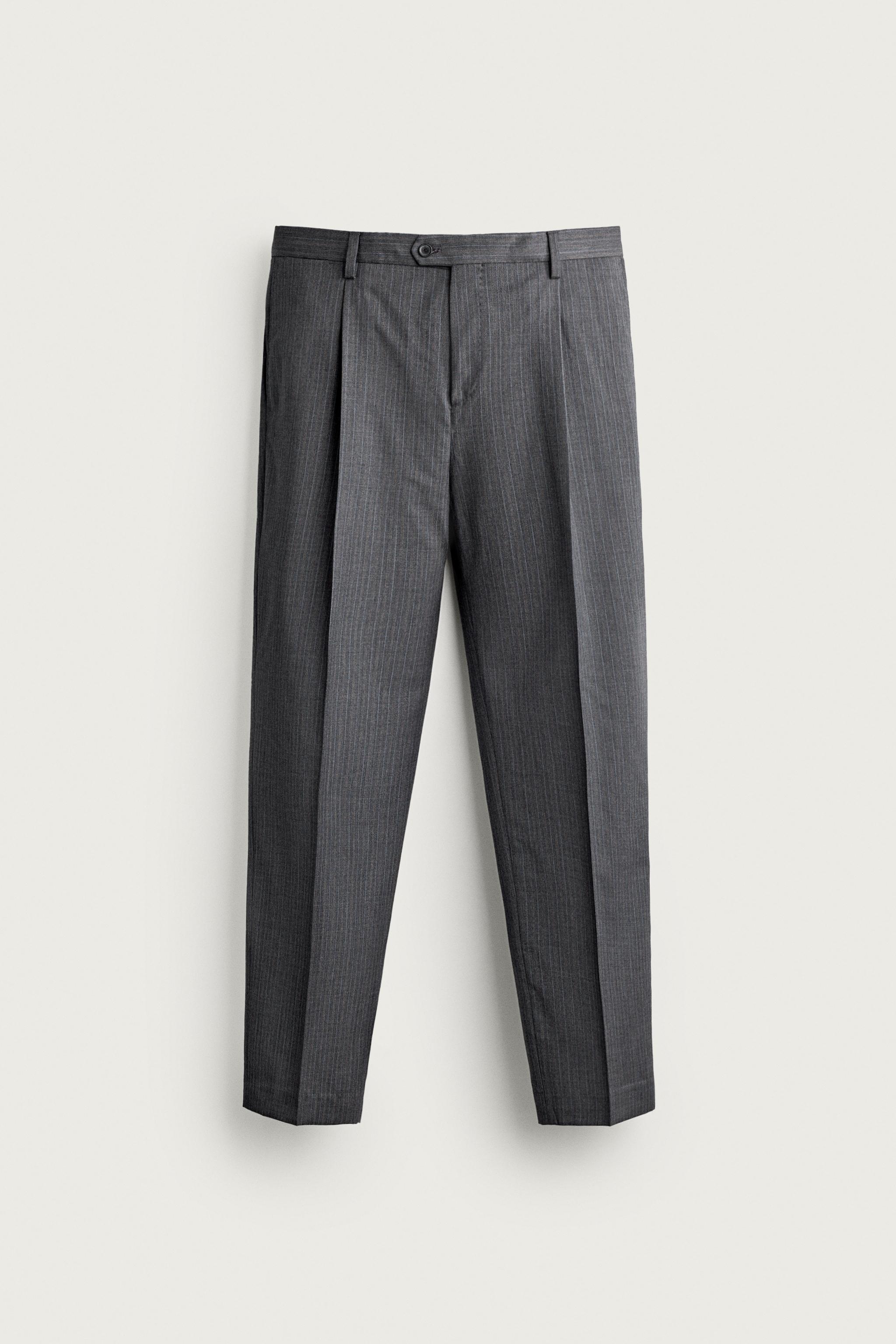 100% WOOL STRIPED REGULAR FIT SUIT PANTS — Gray / Blue