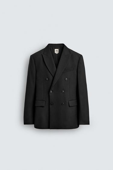 Zara LIMITED EDITION WOOL BLEND DOUBLE BREASTED SUIT BLAZER - Black