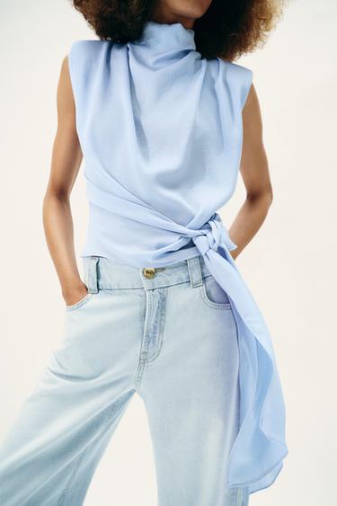 SATIN TOP WITH BOW AND SHOULDER PADS - Light blue by Zara