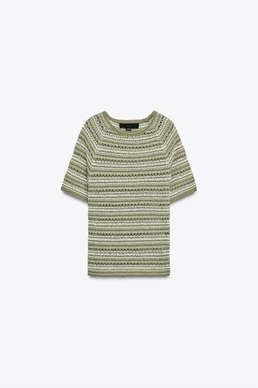 STRIPED TEXTURED KNIT SHORT SLEEVE TOP - Green / Ecru by Zara - Image 5