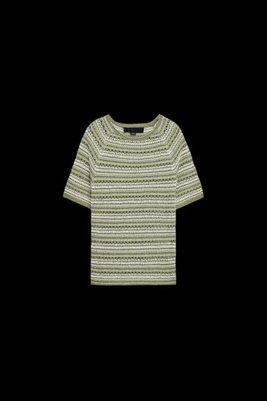 Zara STRIPED TEXTURED KNIT SHORT SLEEVE TOP - Green / Ecru - Image 0