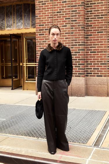 Zara 人造皮草翻領針織開襟衫 - 黑色