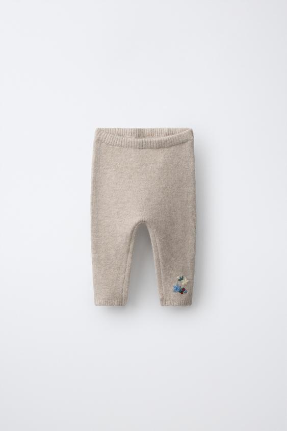 Zara EMBROIDERED FLORAL KNIT PANTS - Light beige - Image 0