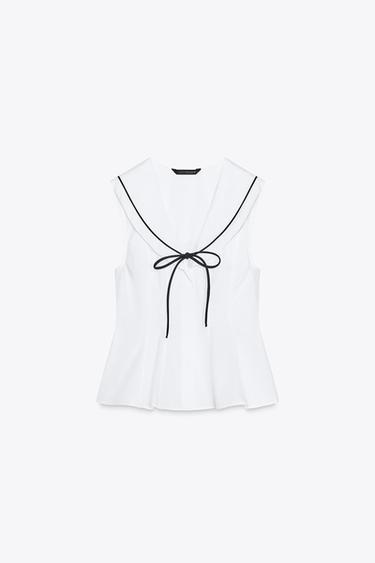 TOP EN POPELINE AVEC LISERÉS ET LACET - Blanc de Zara - Image 4