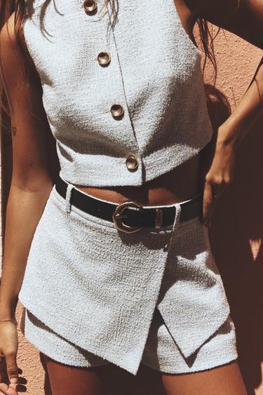 Zara BELTED TEXTURED SKORT - Ecru / Blue