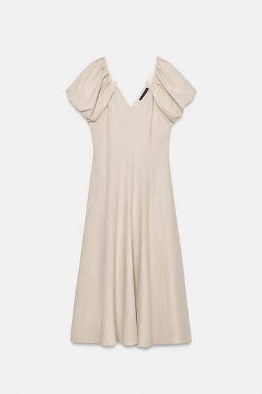 МИДИ ФУСТАН ОД ЛЕН СО НАБРАНИ РАКАВИ - Светла крем-боја од Zara