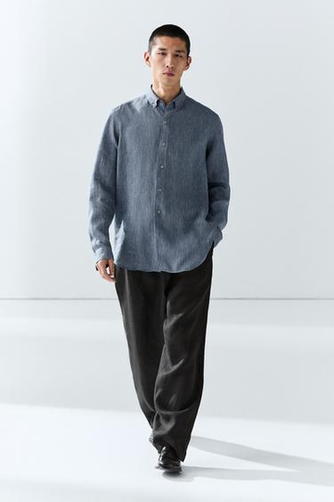Zara 100% linen pinstriped regular fit shirt - Navy blue - Image 0