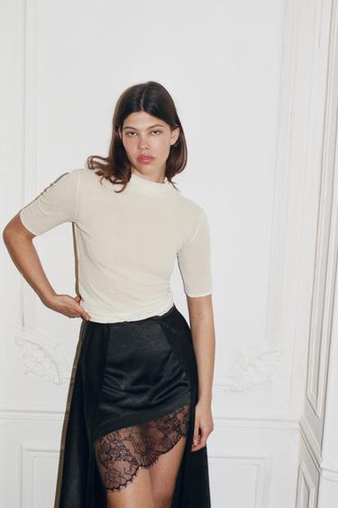 MIDI SKIRT WITH CREASED EFFECT AND LACE - Black by Zara - Image 2