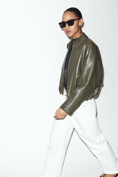 XHAKETË BOMBER IMITIM LËKURE - Kaki nga Zara