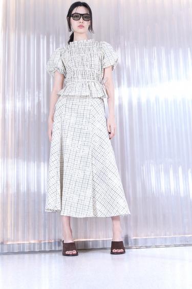 Zara 格紋刺繡綁帶上衣 - 白色 / 黑色