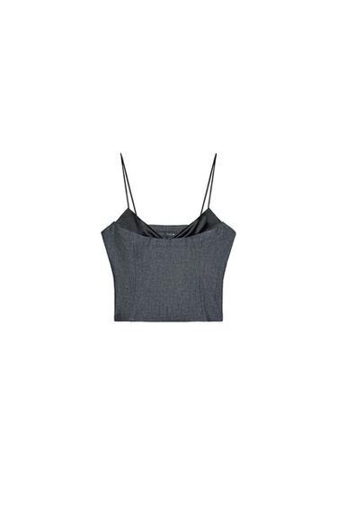Front view of a grey camisole top with thin straps.