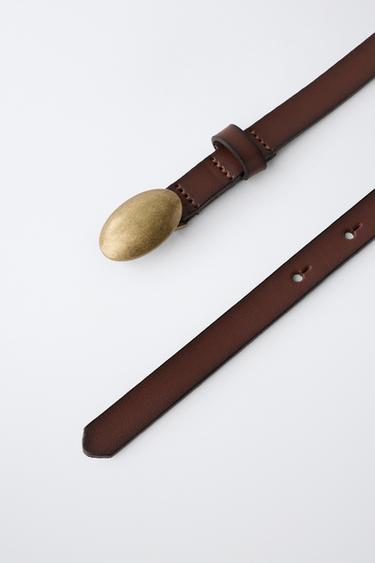 100% LEATHER OVAL BUCKLE BELT — Brown 2