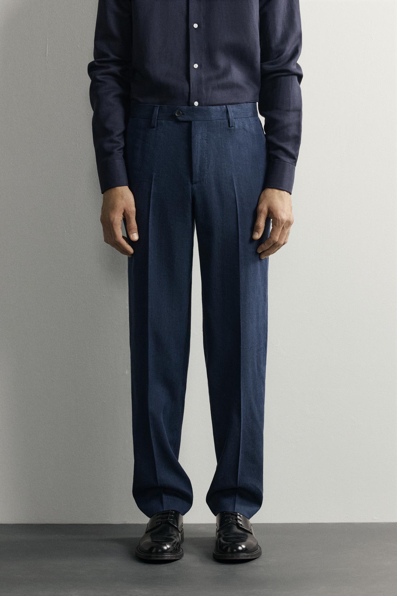 LINEN AND WOOL BLEND REGULAR FIT SUIT PANTS — Blue