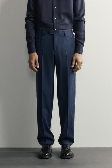 LINEN AND WOOL BLEND REGULAR FIT SUIT PANTS — Blue 2